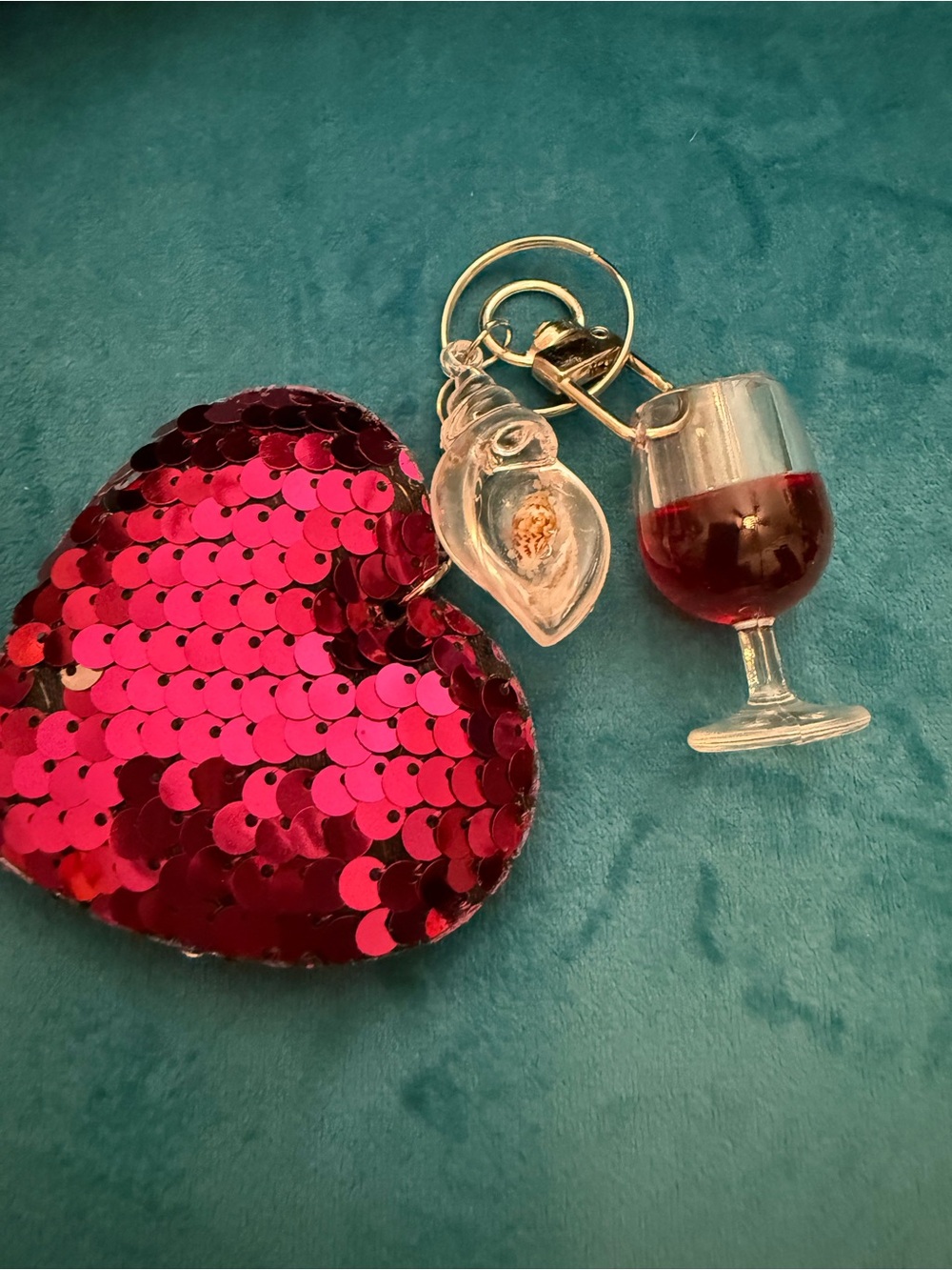 Sequin Heart Keychain with Miniature Wine Glass Charm